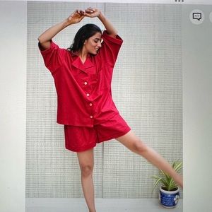 RED 2 PIECE BUTTON FRONT SHORT SLEEVE SHIRT WITH MATCHING DRAWSTRING WAIST SHORT